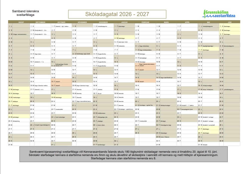 Skóladagatal 2026-27